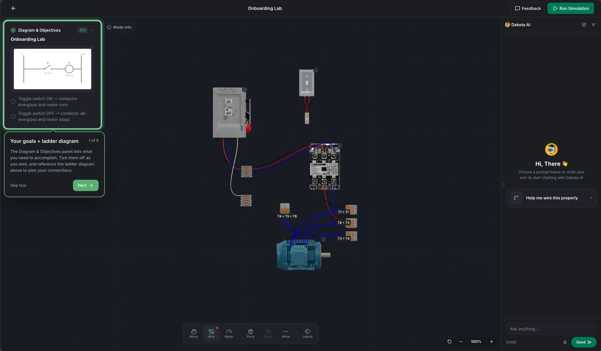 Dakota Labs guided onboarding highlighting the circuit objectives and ladder diagram.