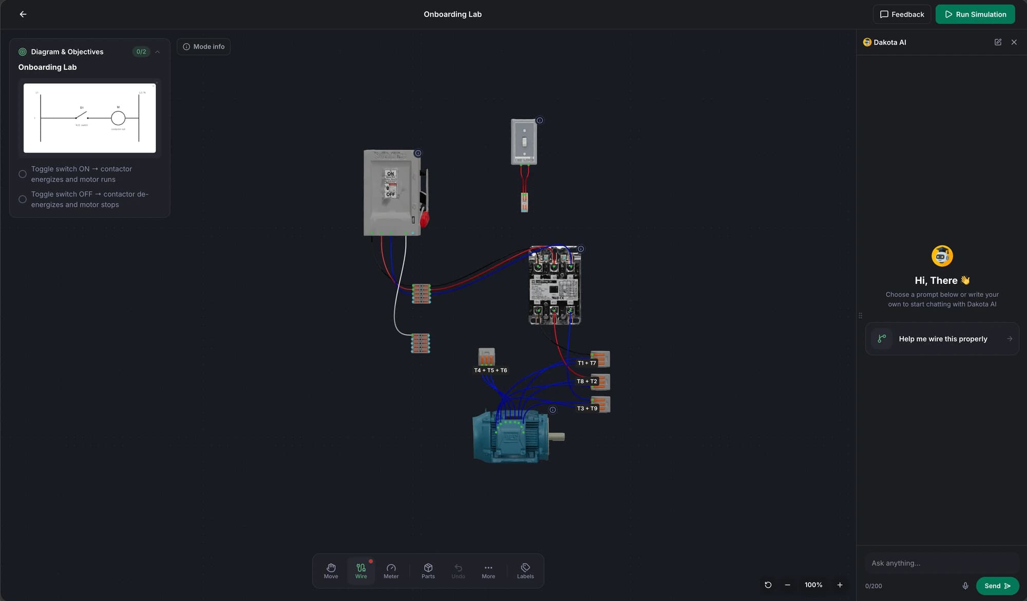 Dakota Labs electrical simulator showing a wired motor-control circuit, equipment models, objectives, and the AI tutor.