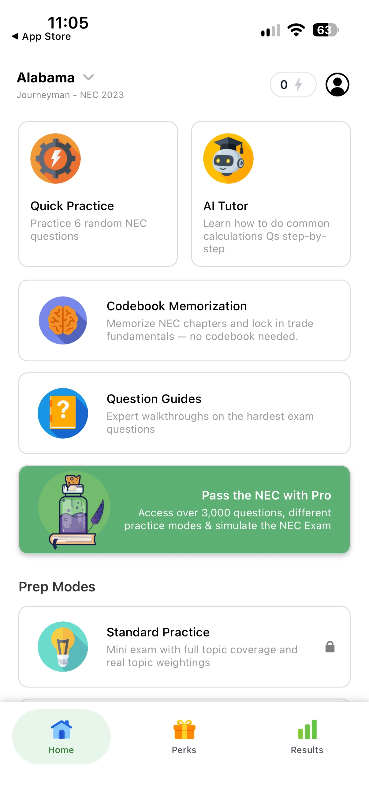 Dakota Prep NEC mobile dashboard with quick practice, AI tutor, question guides, and exam modes.