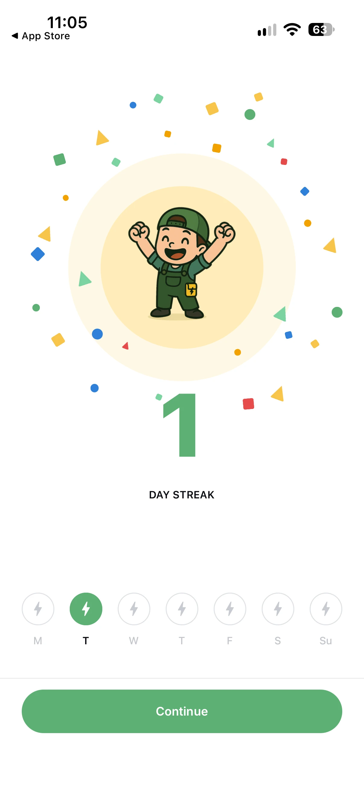 Dakota Prep mobile study streak celebration with a weekly activity tracker.