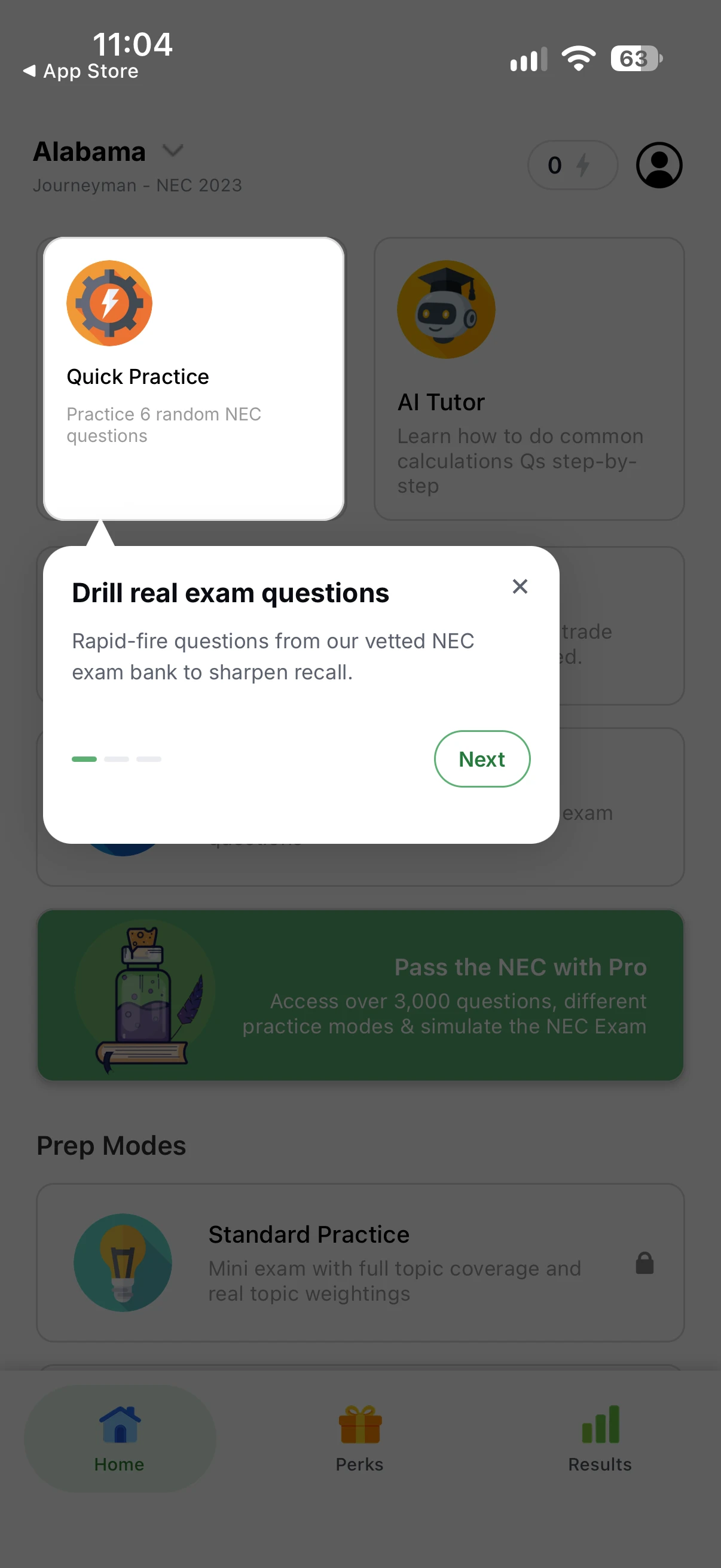 Dakota Prep mobile product tour highlighting quick practice and real NEC exam questions.