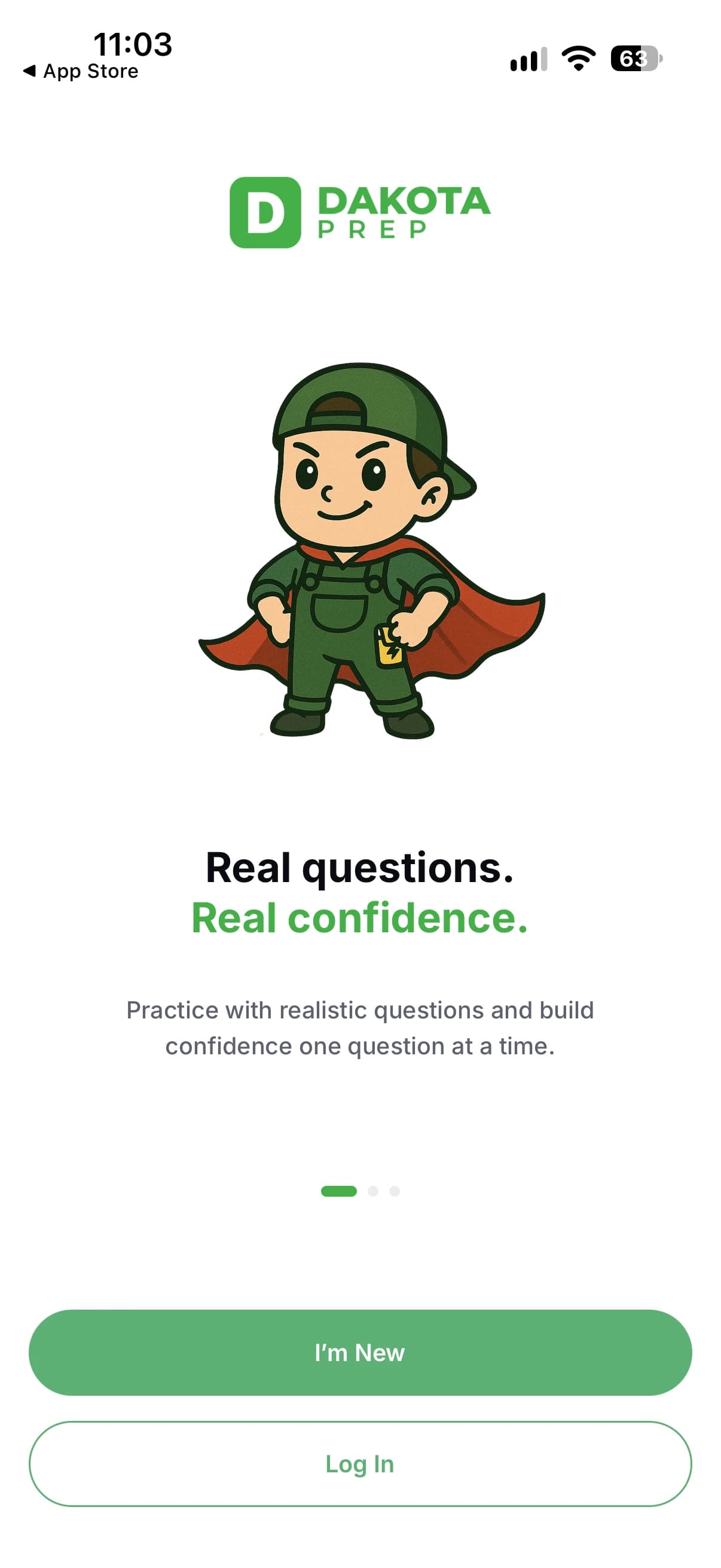Dakota Prep mobile welcome screen with its electrician mascot and sign-up and login options.