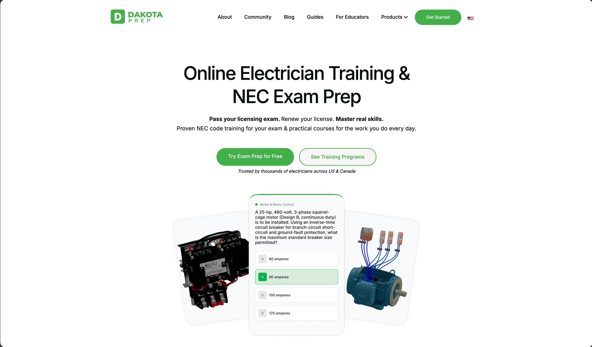 Dakota Prep website introducing electrician training and NEC exam preparation.