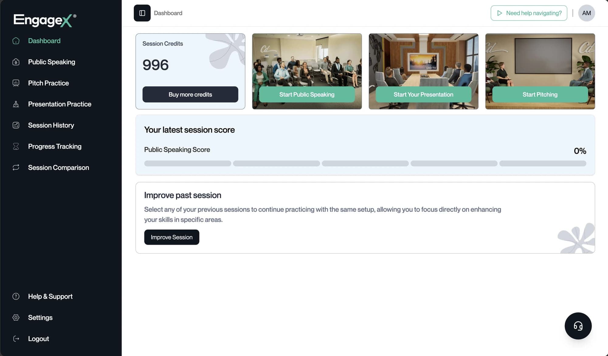 EngageX dashboard with public-speaking, presentation, and pitch-practice rooms, session history, and progress tools.