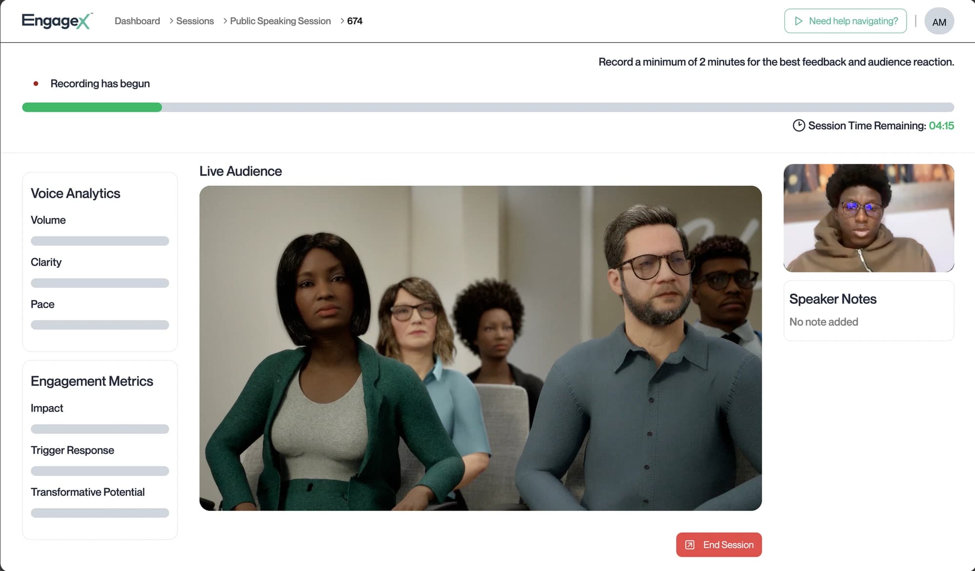 EngageX public-speaking session with a virtual audience, speaker camera, recording timer, voice analytics, and notes.