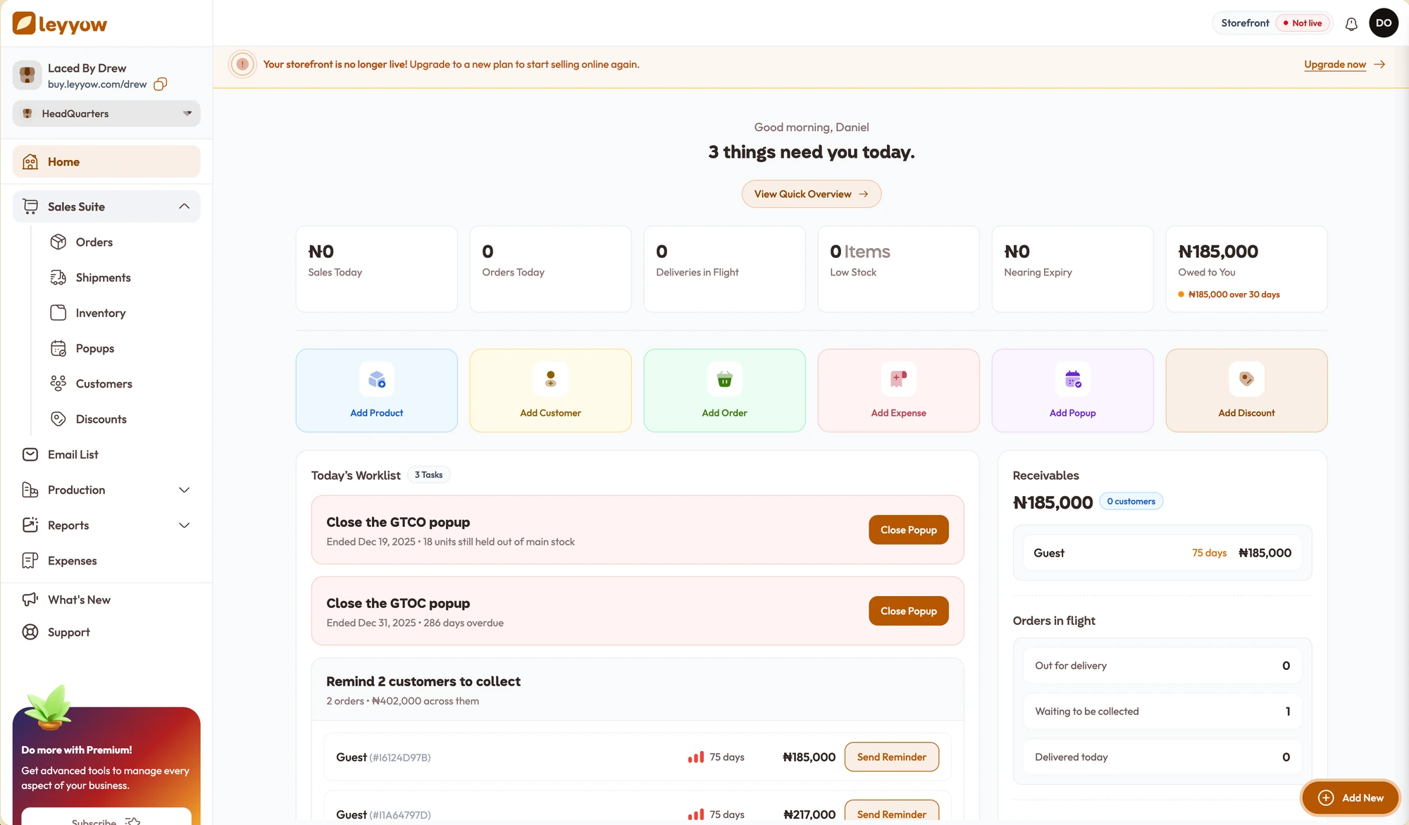 Leyyow merchant dashboard with sales metrics, business actions, a worklist, receivables, and order tracking.