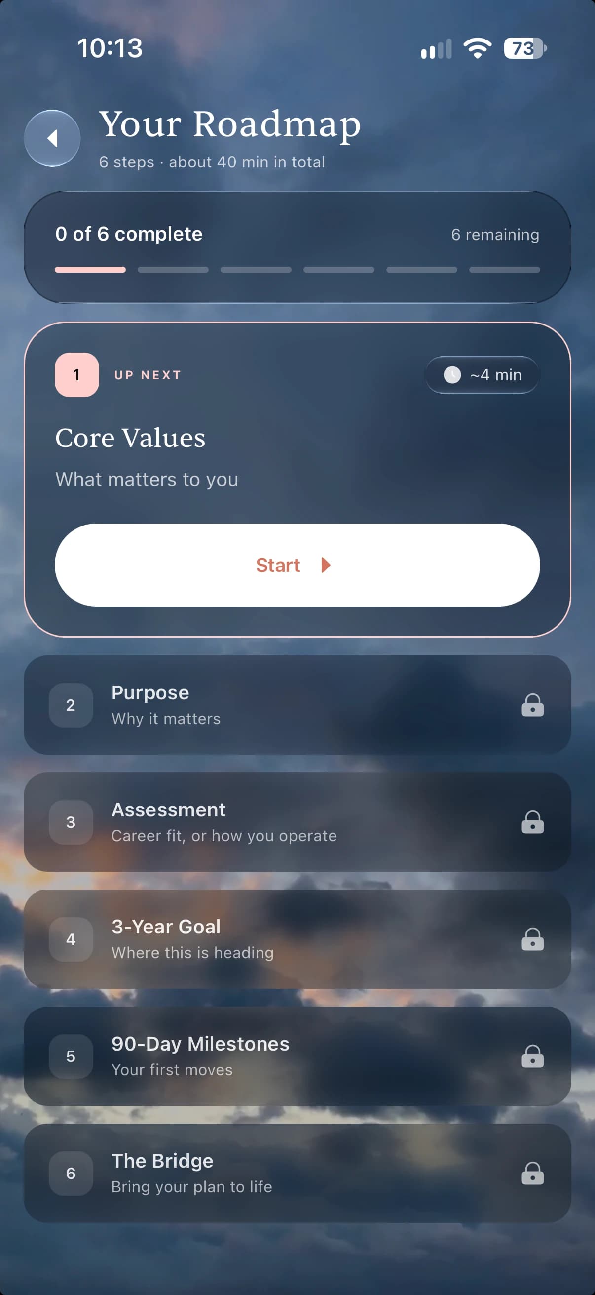 Novii mobile roadmap with core values, purpose, assessment, goals, milestones, and a bridge to everyday action.
