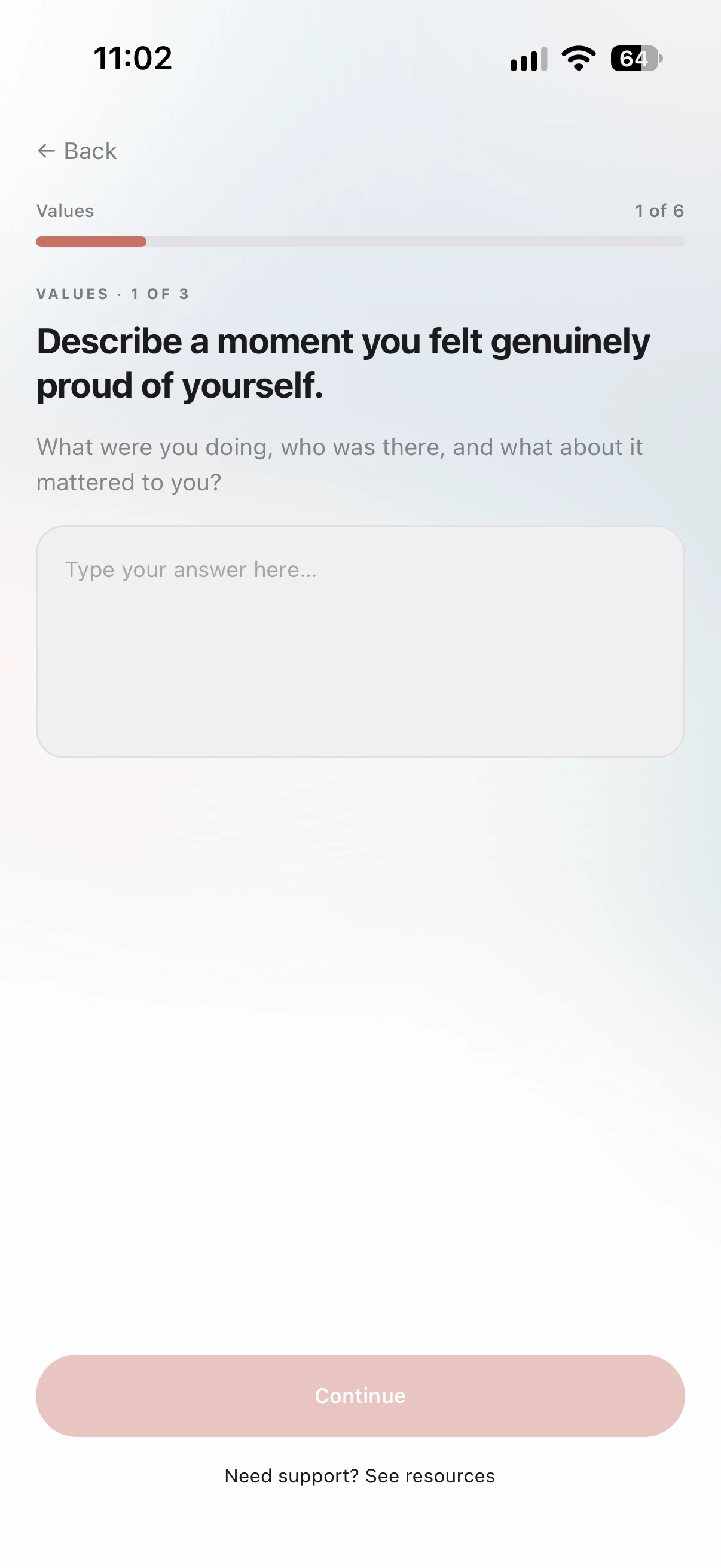 Novii mobile values reflection screen with a guided prompt, response field, and roadmap progress.