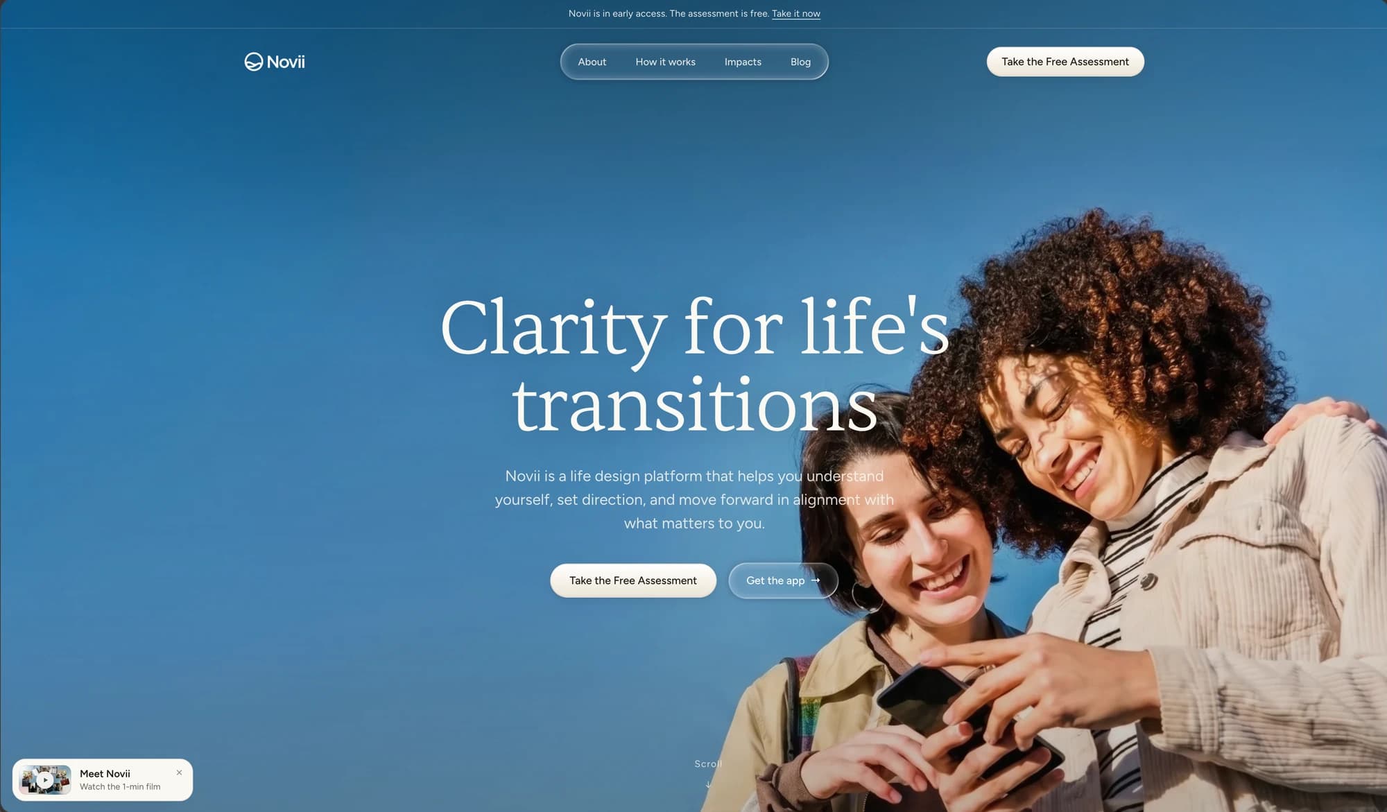Novii website introducing its life-design platform, free assessment, and mobile app.