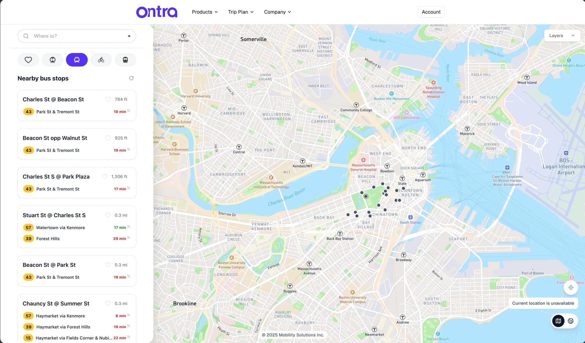 Ontra trip planner showing nearby Boston bus stops, live arrival times, and an interactive map.