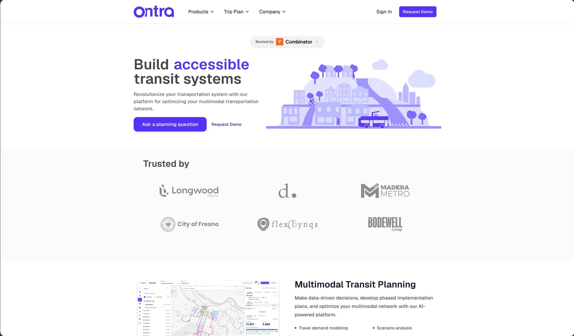 Ontra Mobility website introducing accessible transit systems and multimodal planning.